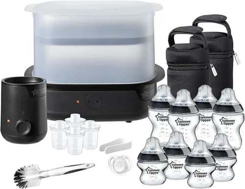 Tomee - Esterilizador, calentador y 8 biberones, juego completo de alimentación, color negro