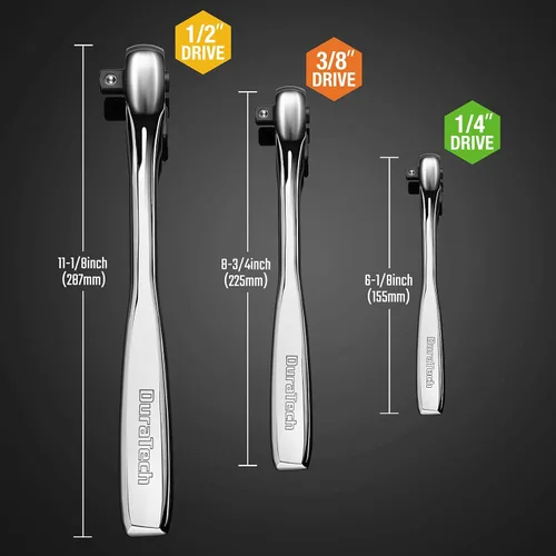 Miniatura 5 de DURATECH Juego de trinquete de 3 piezas, impulso de 1/4", 3/8", 1/2", 90 dientes, liberación rápida, mango de contorno diseñado para un mejor
