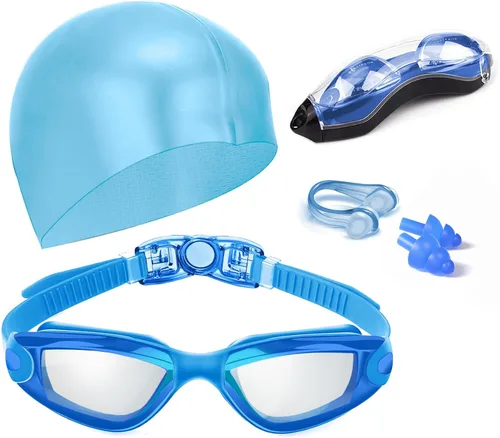 Miniatura 13 de Gafas de natación sin fugas con clip de nariz, tapones para los oídos, gorro de natación y funda para hombres y mujeres Negro