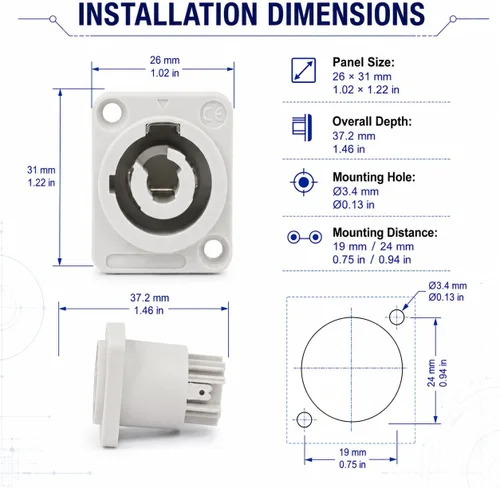 Miniatura 4 de Toronce - Conector macho de 3 pines AC Powercon conector azul/blanco con 14 Awg 1.5 pies PoweCable 20A/250V para pantalla LED de luz de escenario