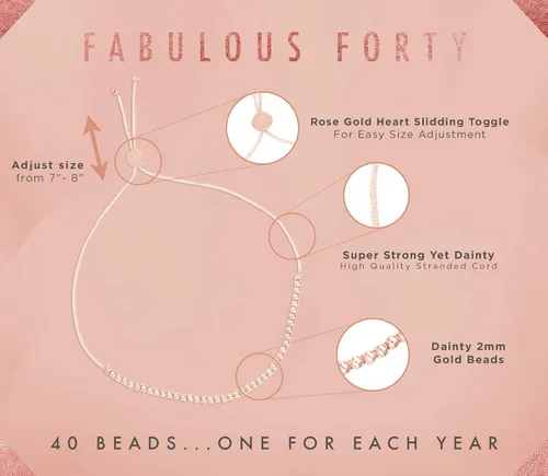 Miniatura 3 de Lucky Feather Regalos de cumpleaños número 40 para mujer, pulsera de cuentas sumergidas de oro de 14 quilates en cordón ajustable de 7 a 8 pulgadas