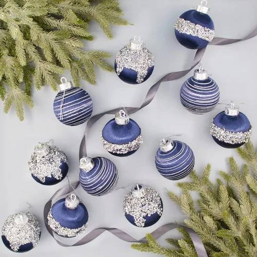 Miniatura 2 de 12 piezas de adornos de bola de Navidad de satén, lujosas decoraciones colgantes de árbol de seda para corona de Navidad, boda, fiesta (azul)