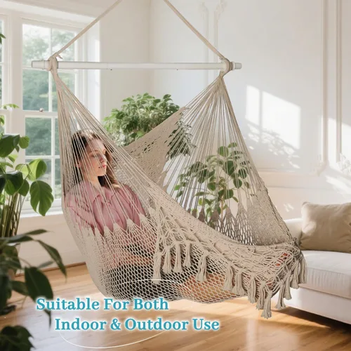 Miniatura 6 de Bathonly Silla hamaca de cuerda de algodón tejida a mano con barra separadora de metal, hamaca caribeña, silla colgante bohemia para dormitorio