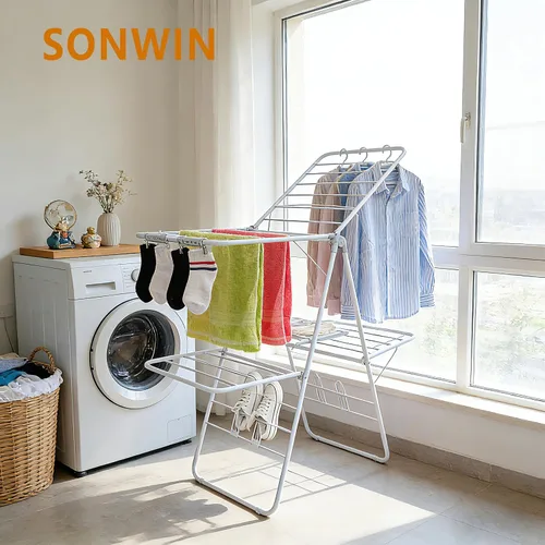 Miniatura 5 de Estante de secado de ropa, estantes plegables de 2 niveles para secar ropa, estante de secado de acero inoxidable plegable para interiores