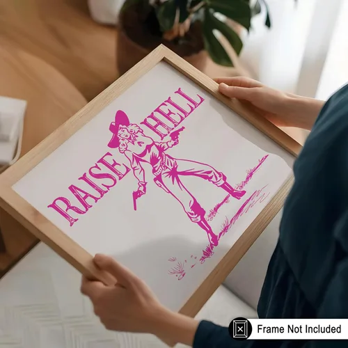 Miniatura 5 de Poster Master Póster retro de vaquera rosa con texto en inglés "Raise Hell", diseño de pared occidental, regalo para hombres y mujeres, decoración