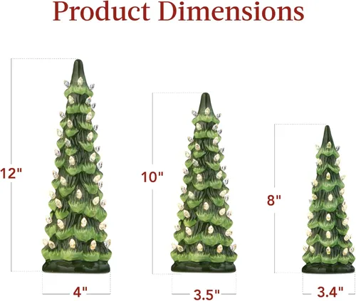 Miniatura 7 de Best Choice Products - Juego de 3 árboles de Navidad de cerámica, decoración de mesa preiluminada y pintada a mano con bombillas LED de luz blanca