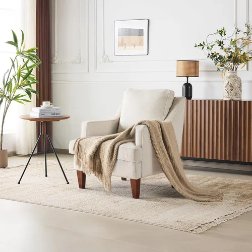 Miniatura 8 de VINGLI Juego de 2 sillas decorativas modernas de mediados de siglo, sillón tapizado beige, cómodos sillones de lectura, respaldo alto para sala