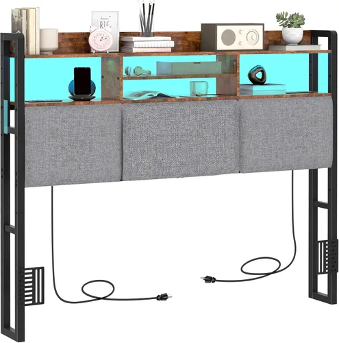 Livofloral Cabecero para cama de tamaño matrimonial con estación de carga y luz LED, cama matrimonial tapizada con estantes de almacenamiento,