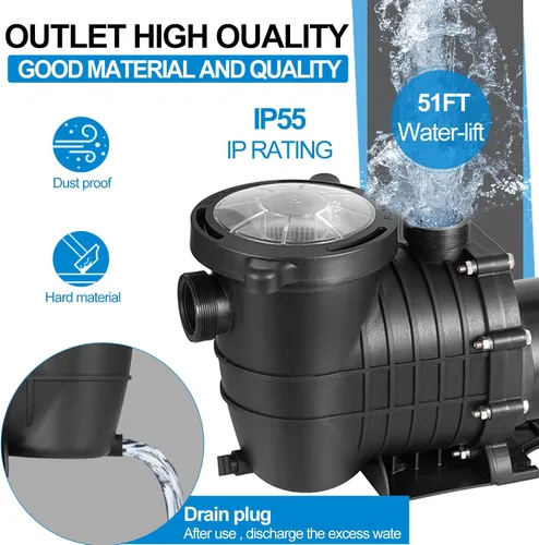 Miniatura 6 de TOPDEEP Bomba de piscina de 1.5 HP para enterrar, bomba de piscina autorecortable sobre el suelo, bombas de piscina de una sola velocidad de doble