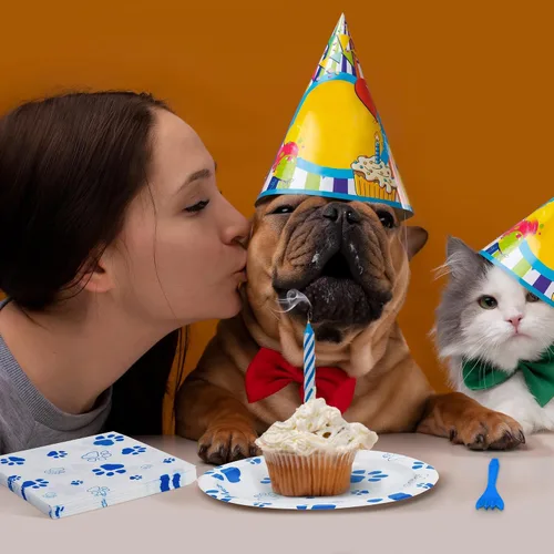 Miniatura 6 de durony 72 piezas de suministros de fiesta de cumpleaños con estampado de patas de perro, incluyen 32 platos, 24 servilletas y 16 tenedores, huellas