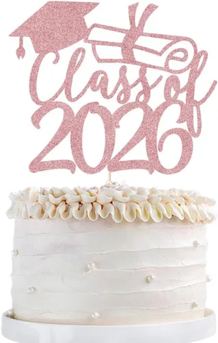 Gold Class of 2026 - Decoración para tartas de graduación con purpurina para graduados de secundaria, decoración de pastel de graduados Oro rosa