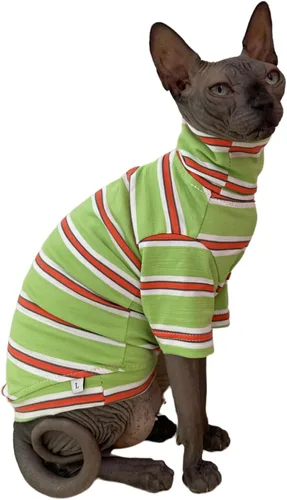 Miniatura 7 de Camisa de algodón con cuello redondo para gatos sin pelo Sphynx de rayas vintage, ropa para mascotas con mangas, camisetas para gatitos para Sphynx