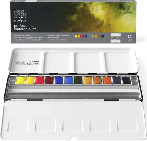 Miniatura 11 de Winsor & Newton Juego de pintura de acuarela profesional, juego de caja negra, 12 medias bandejas