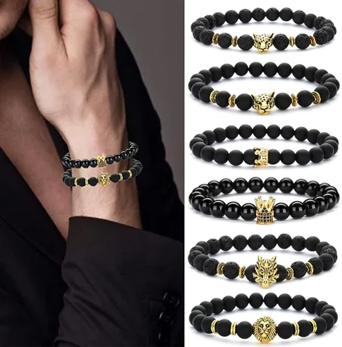 Miniatura 2 de SONNYX - Juego de 12 pulseras de cuentas de piedra de lava de 0.315in para hombres y mujeres, diseño de corona, rey de león, cabeza de leopardo