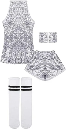 Miniatura 6 de LOLANTA Vestido de baile de lentejuelas para niñas de 4 a 12 años, traje de baile de hip hop, sin mangas y pantalones cortos