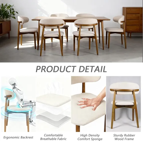 Miniatura 3 de Sillas de comedor tapizadas modernas, asiento de tela beige con patas de madera, sillas auxiliares de cocina contemporáneas, juego de 2
