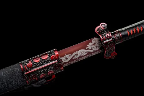 Miniatura 5 de Espada china de acero de alto carbono SJ SHI JIAN dinastía Tang Dao hoja recta con patrón de dragón funda Rojo