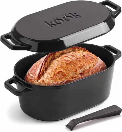 KooK Horno holandés, para hornear pan, molde para pan de masa madre, con tapa, asas dobles, hierro fundido esmaltado, incluye palanca de tapa, apto