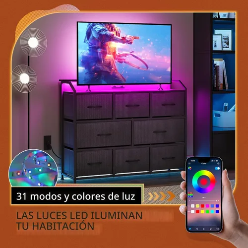 Miniatura 6 de WLIVE Cómoda LED para dormitorio, soporte de TV negro para dormitorio con luces LED y toma de corriente, cómoda ancha para pasillo, 8 cajones