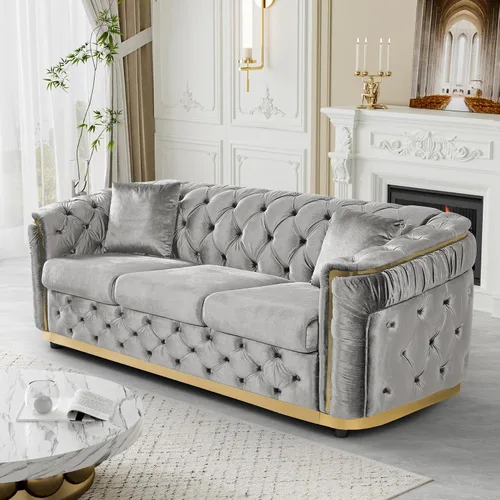 Miniatura 23 de DAMAIFROM Juego de sofá de terciopelo de lujo beige y dorado, moderno de mediados de siglo, sofás Chesterfield copetudos y patas doradas, juego de 2