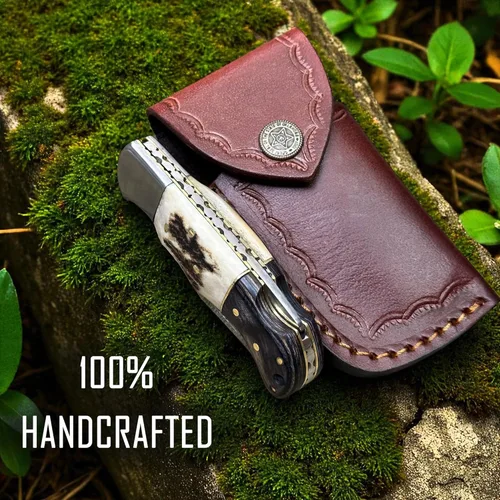 Miniatura 4 de WINTERFELL Cuchillo de Bolsillo Plegable de Acero de Damasco para Hombres con Funda de Cuero, Regalos 100% Hechos a Mano para Esposo, Papá, Novio
