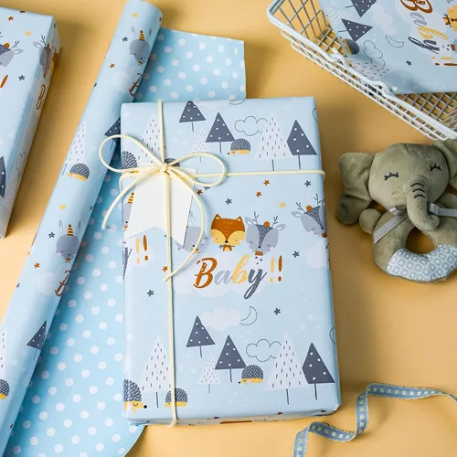 Miniatura 3 de Homeral Rollo de papel para envolver regalos azul para baby shower - Rollo mini - 17 pulgadas x 16.5 pies - Juego reversible de papel de regalo