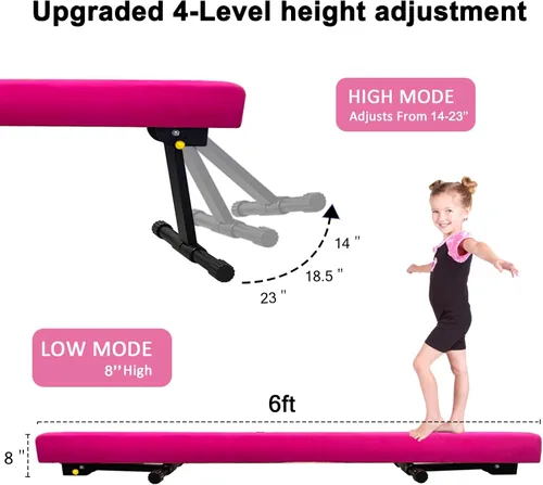 Miniatura 3 de Viga de equilibrio ultrasimple ajustable y plegable de 6 pies, equipo de gimnasia de suela sintética de piso alto y bajo, sin necesidad de Rosa