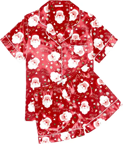 Miniatura 20 de Ekouaer Conjunto de pijama de satén de seda para mujer, suave, de manga corta, con botones, ropa para dormir, camiseta y pantalones cortos, juego
