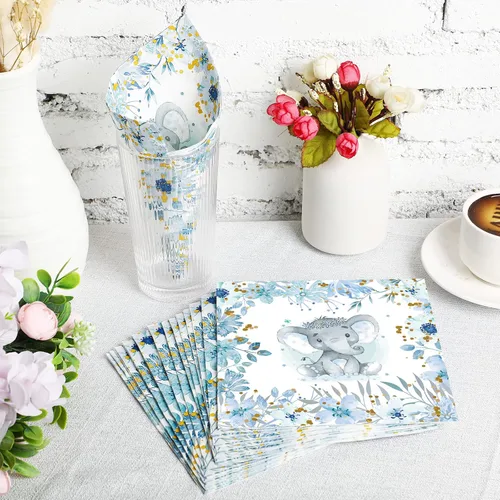 Miniatura 5 de Outus 100 servilletas de elefante azul para baby shower, decoraciones de baby shower para niños, cócteles, postres, servilletas de papel desechables