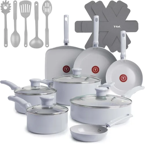 T-Fal Refresh - Juego de utensilios de cocina antiadherentes de cerámica, 20 piezas, apto para horno hasta 350 °F, incluye olla, plancha, sartenes,