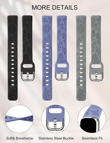 Miniatura 4 de Minyee Paquete de 3 correas compatibles con Fitbit Luxe para mujer, de silicona suave, con grabado floral, correa deportiva de diente de león