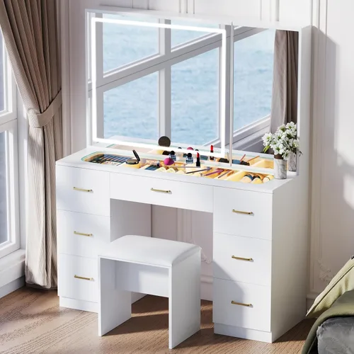 Miniatura 9 de Escritorio de tocador con espejo iluminado grande, tocador de maquillaje con parte superior de cristal, 7 cajones y brillo ajustable, mesa