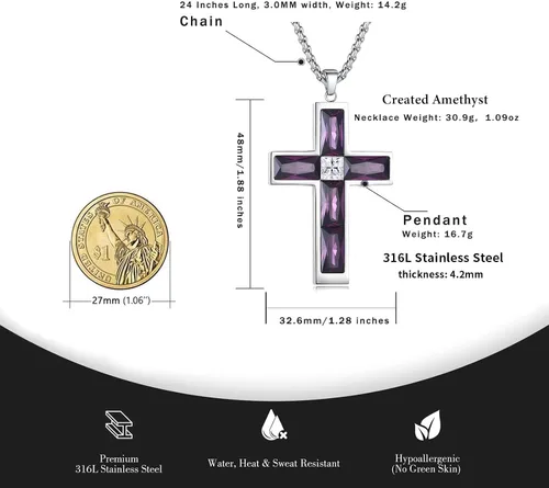 Miniatura 39 de Collar de cruz para hombre, piedras preciosas de color piedra natal de circonita cúbica, collar de acero inoxidable para hombre, cadena de 24
