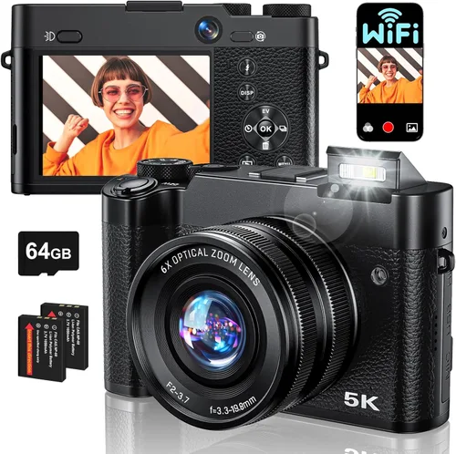 Cámara digital, zoom óptico 6X y WiFi, cámara de videoblogs 5K 30FPS 64MP, cámaras trasera y frontal para fotografía y video, enfoque automático y