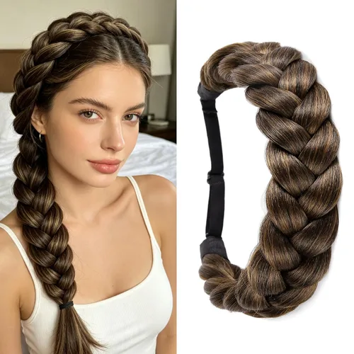 Miniatura 8 de Diadema trenzada bohemia de gran tamaño, trenzas anchas clásicas, correa elástica ajustable, peluca sintética, trenzas para mujer, accesorios