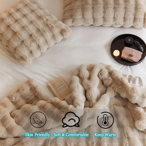 Miniatura 2 de Manta de piel de conejo sintética tamaño individual, acogedora manta de felpa mullida para la siesta para sofá, sillón, sofá, sala de estar