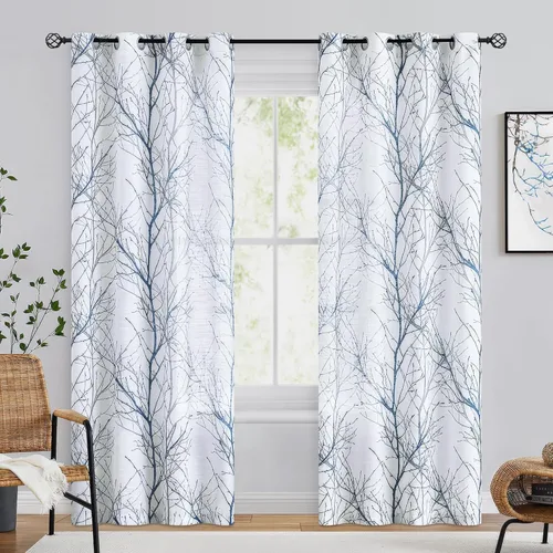 Miniatura 2 de FMFUNCTEX Cortinas de lino semitransparentes para dormitorio, cortinas azules y blancas de 84 pulgadas de largo para sala de estar, cortinas de Rama