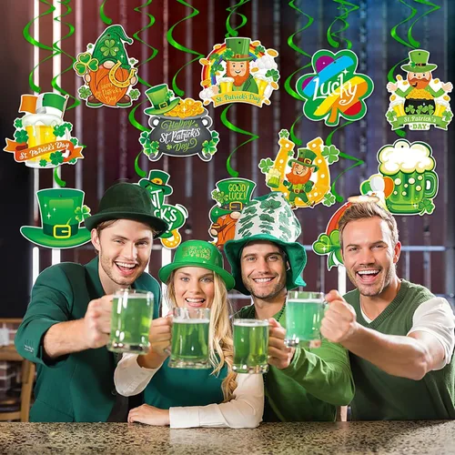 Miniatura 4 de Decoraciones de fiesta del día de San Patricio, guirnalda de serpentinas - 12 piezas de pancarta verde decoración de trébol Gonme sombrero colgante