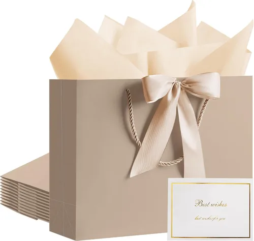 PASEOTA Bolsas de regalo de 12.6" a granel, 10 bolsas de regalo con 20 papeles de seda y 10 tarjetas de felicitación, bolsa de lujo con asas para