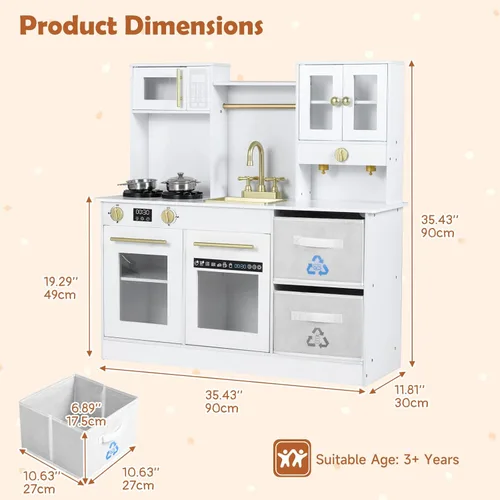 Miniatura 7 de INFANS Juego de cocina para niños, cocina de madera con luces realistas, sonidos, cafetera, lavavajillas, microondas, horno, cajones de tela Blanco