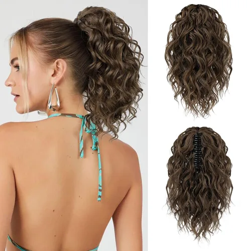 Miniatura 23 de Flufymooz Extensión de cola de caballo, extensión de cola de caballo corta de 12 pulgadas con pinza de garra, cabello ondulado rizado, clip