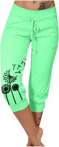Miniatura 26 de Pantalones capri para mujer, estampado de diente de león, pantalones capri con cordón de cintura alta, elásticos, pantalones cortos de verano