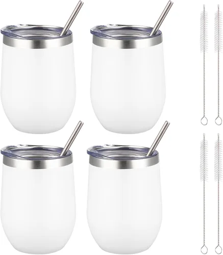 Miniatura 32 de Vaso de vino aislado de 12 onzas con tapa y pajita, vaso de vino de acero inoxidable sin tallo de doble pared, vaso de vino al vacío a granel