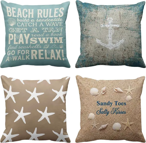 Emvency Juego de 4 fundas de almohada de playa, estrellas de mar, palabras, reglas, vacaciones, verano, ancla náutica, color gris pardo, desgastado,