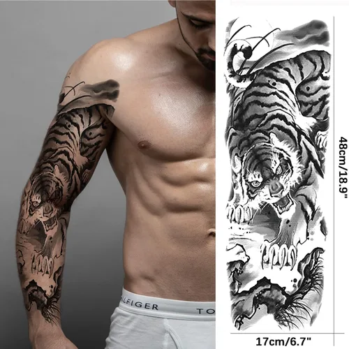 Miniatura 5 de Mangas temporales de tatuaje de bosque, brazo completo, lobo grande, león, animal, bosque, tribal, tatuajes falsos para hombres, mujeres y adultos
