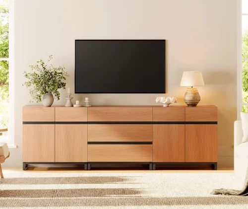 Miniatura 14 de WAMPAT Moderno soporte de TV para televisores de hasta 100 pulgadas, consola de TV 3 en 1 con estantes ajustables y 3 cajones, consola multimedia