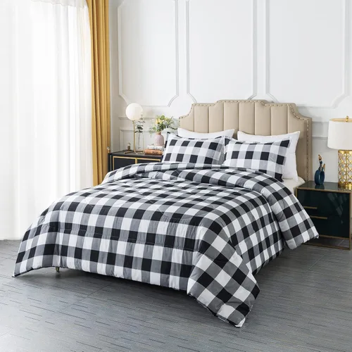 Miniatura 2 de Caressma Juego de edredón a cuadros tamaño individual, juego de ropa de cama de edredón a cuadros negros y blancos para todas las estaciones