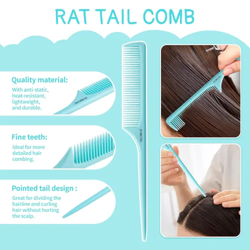 Miniatura 3 de Juego de peines para el cabello para mujeres y hombres, peine de dientes de 3 piezas de ancho, peine de cola de rata de diente fino, peine