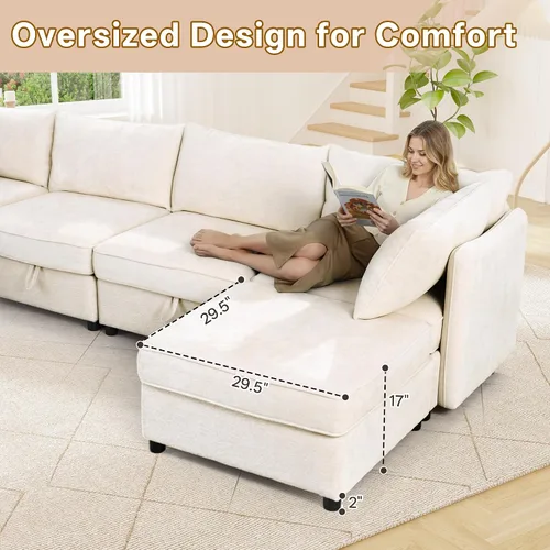 Miniatura 7 de 95.5" Sofá seccional modular de chenilla con almacenamiento oculto, sofá cama convertible en forma de L y U, sofá seccional moderno de 6 plazas