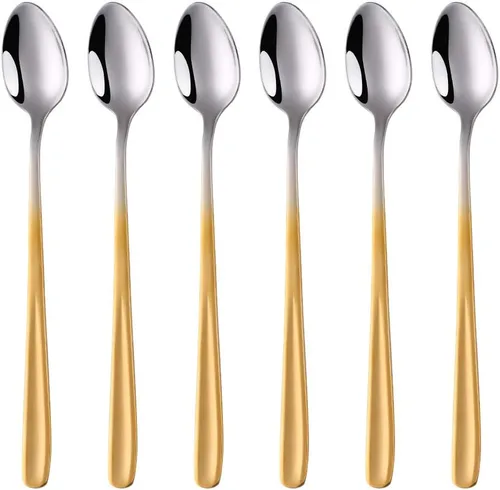 Buyer Star Cucharas de té helado de mango largo, juegos de cucharas de café resistentes de 8 pulgadas 18/10 para mezclar, mezclar cócteles, té, Oro